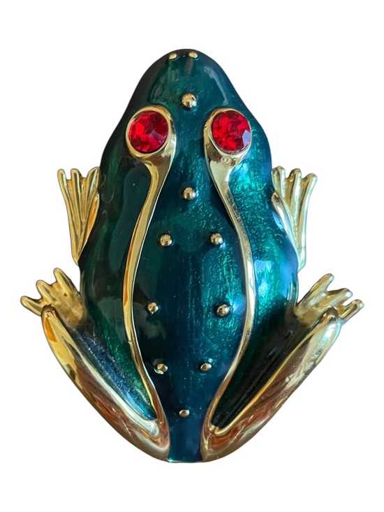 Trifari Jewelry - Vintage Trifari Green Enameled Large Gold Frog Brooch Red Rhinestone Eyes